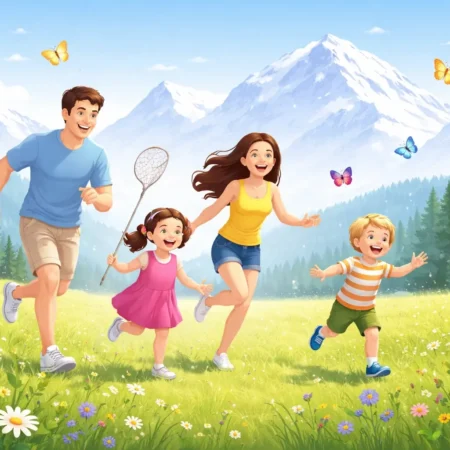 A happy family laughing and chasing butterflies in a green Swiss meadow with the tall, snowy Alps in the background.
