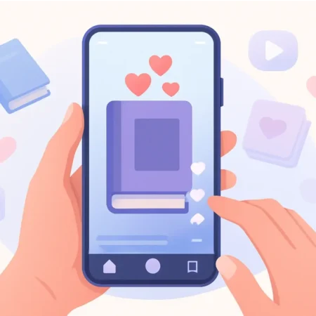 A happy person holds a book, looking at their phone which shows a TikTok video about books.