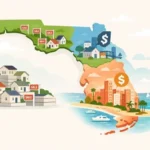 A map of Florida showing three different real estate markets: a strong South Florida coast, areas with oversupply, and affordable cities like Jacksonville and Tampa.