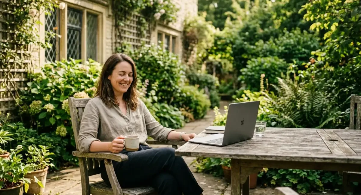 Relaxed professional enjoying a free Friday outdoors showing the benefits of the four-day work week on wellbeing and balance