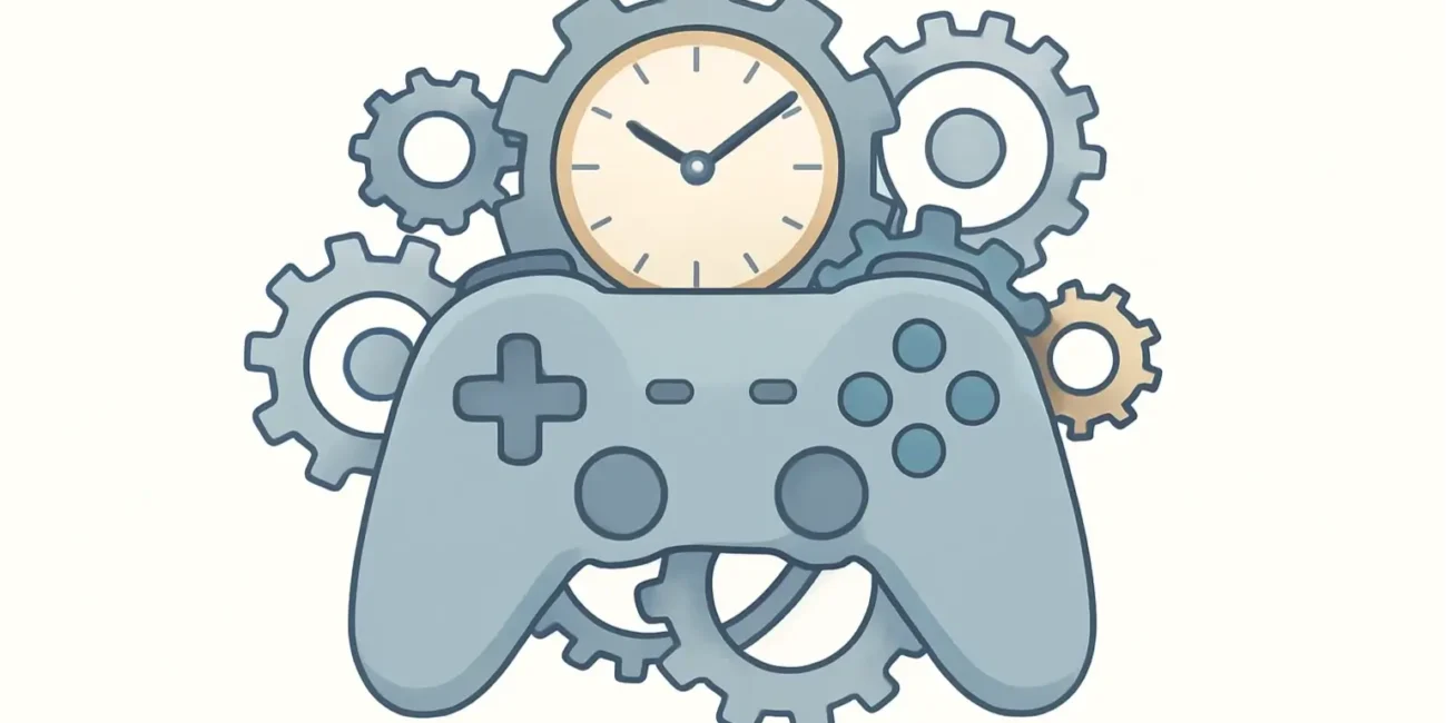 A video game controller tangled in the gears of a clock, showing gaming feeling like a chore.