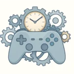 A video game controller tangled in the gears of a clock, showing gaming feeling like a chore.