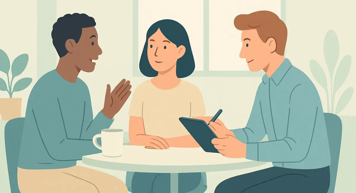 A founder showing an idea on a tablet to a group giving honest feedback, with a roadmap and charts in the background.