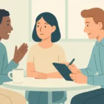 A founder showing an idea on a tablet to a group giving honest feedback, with a roadmap and charts in the background.