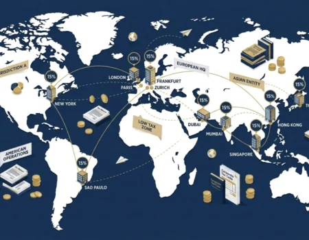 Global minimum corporate tax 2026 infographic showing 15% Pillar Two tax floor, OECD GloBE rules, QDMTT, and compliance action steps for small multinational firms
