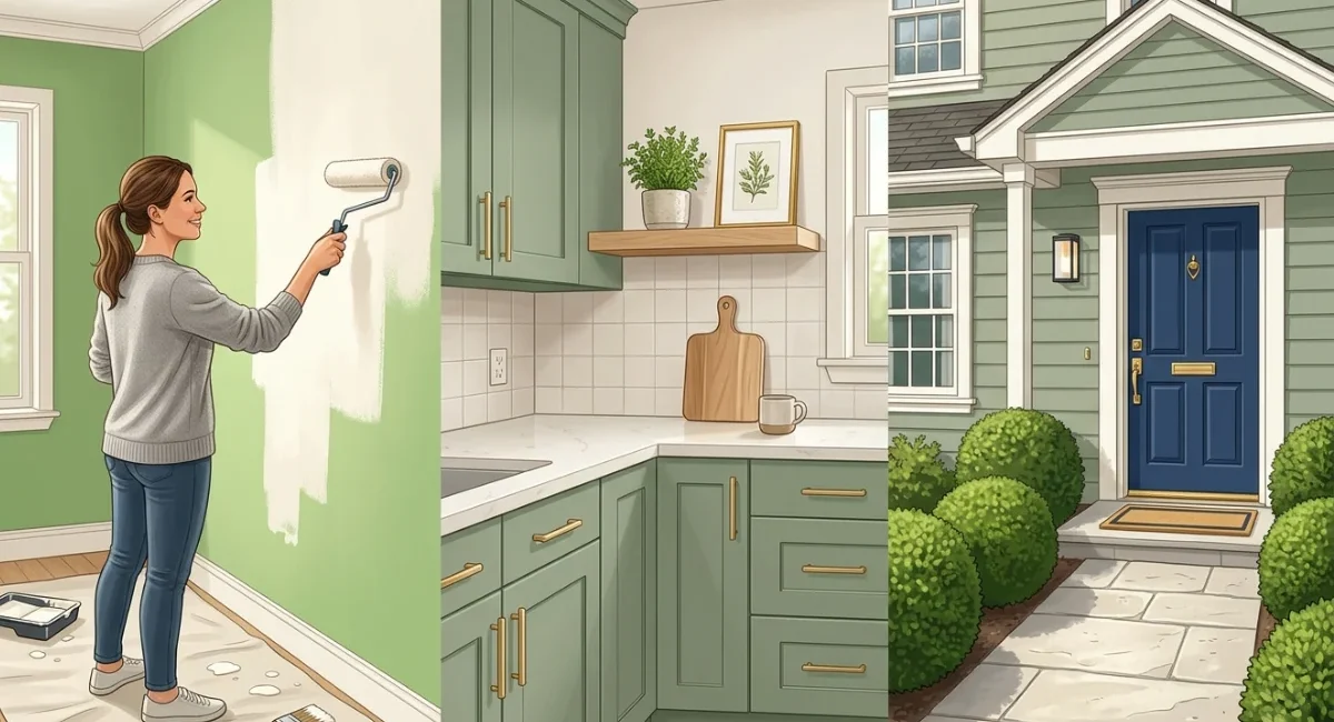 Home ROI on a budget showing a homeowner painting walls, refreshing kitchen cabinets, and improving curb appeal