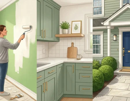 Home ROI on a budget showing a homeowner painting walls, refreshing kitchen cabinets, and improving curb appeal