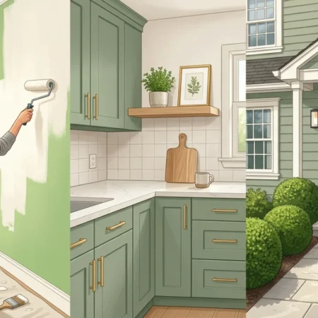 Home ROI on a budget showing a homeowner painting walls, refreshing kitchen cabinets, and improving curb appeal