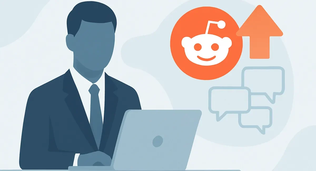 A business person in an office looks at Reddit on a laptop, with charts and graphs on a screen nearby.