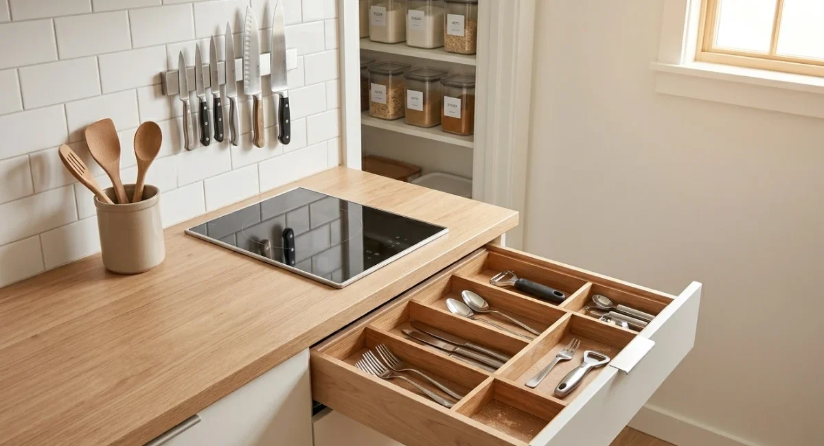 Neatly organized small kitchen with drawer dividers, magnetic knife strip, and labeled pantry bins showing how to organize a small kitchen