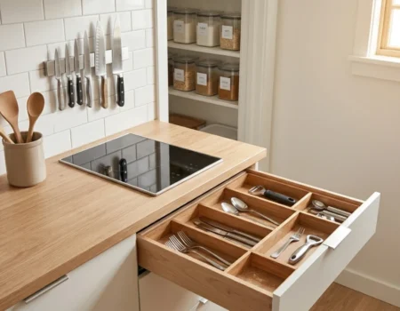 organized small kitchen with tidy countertops, drawer dividers, labeled storage bins, and wall-mounted magnetic knife strip