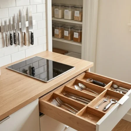 Neatly organized small kitchen with drawer dividers, magnetic knife strip, and labeled pantry bins showing how to organize a small kitchen