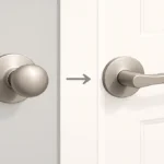 An older couple smiling while installing a new lever-style door handle on their front door.