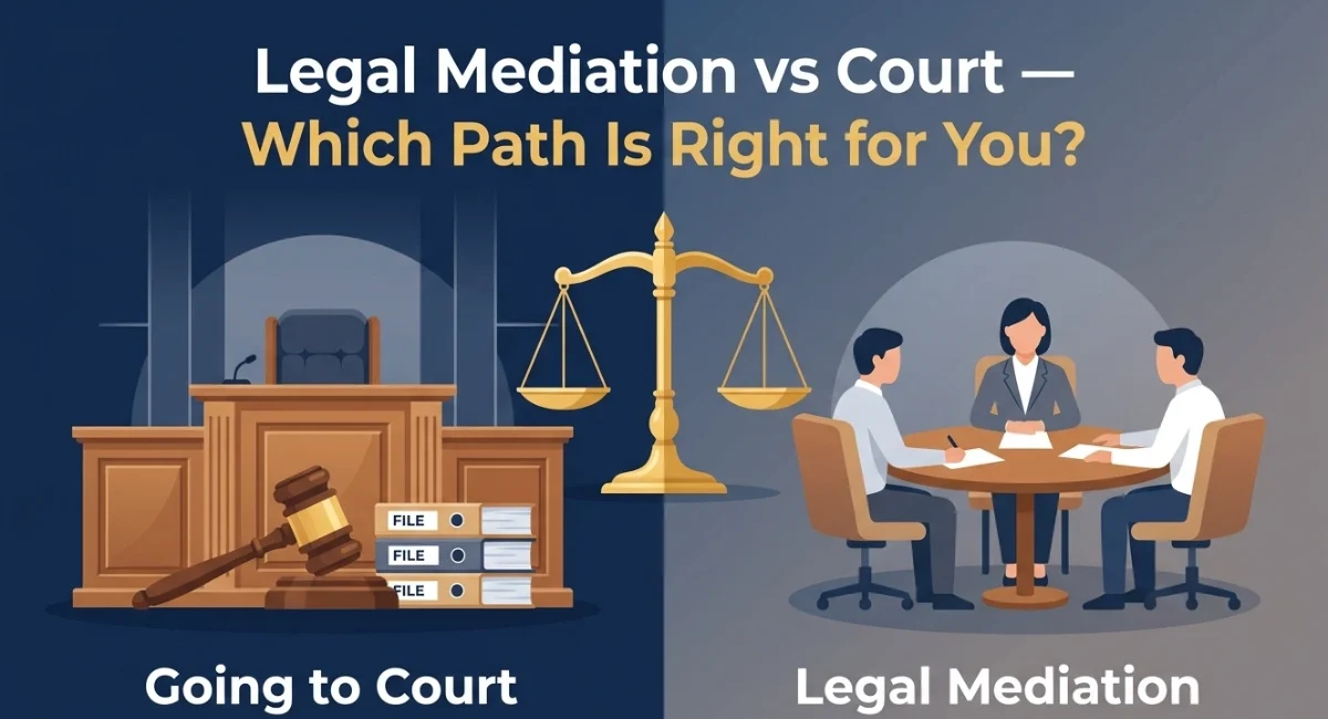 legal mediation vs court, showing a round mediation table on one side and a courtroom gavel on the other with balanced scales in the center