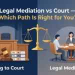 legal mediation vs court, showing a round mediation table on one side and a courtroom gavel on the other with balanced scales in the center