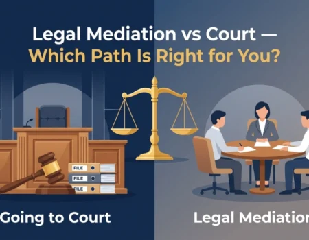 legal mediation vs court, showing a round mediation table on one side and a courtroom gavel on the other with balanced scales in the center