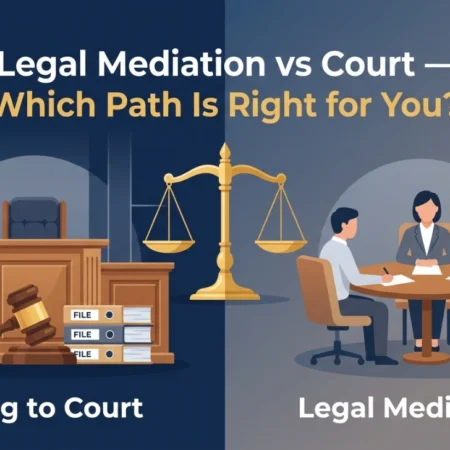 legal mediation vs court, showing a round mediation table on one side and a courtroom gavel on the other with balanced scales in the center