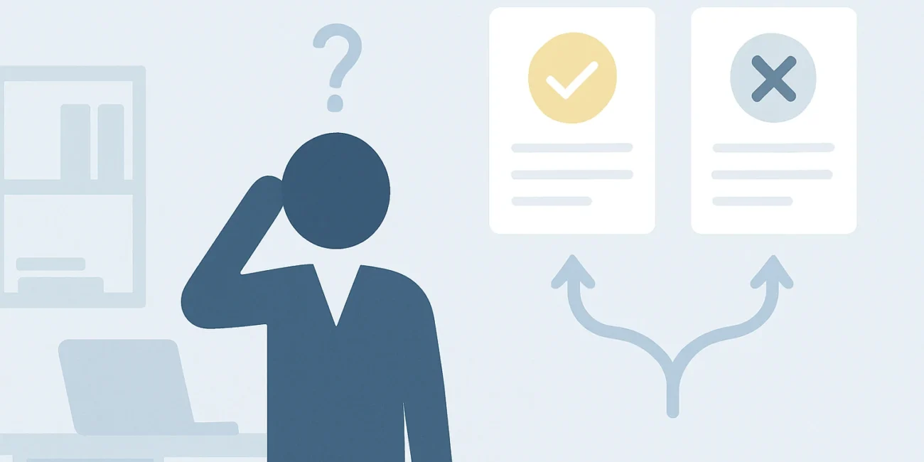 A confused employee at a desk thinking, with a question mark above their head and a list of workplace rules.