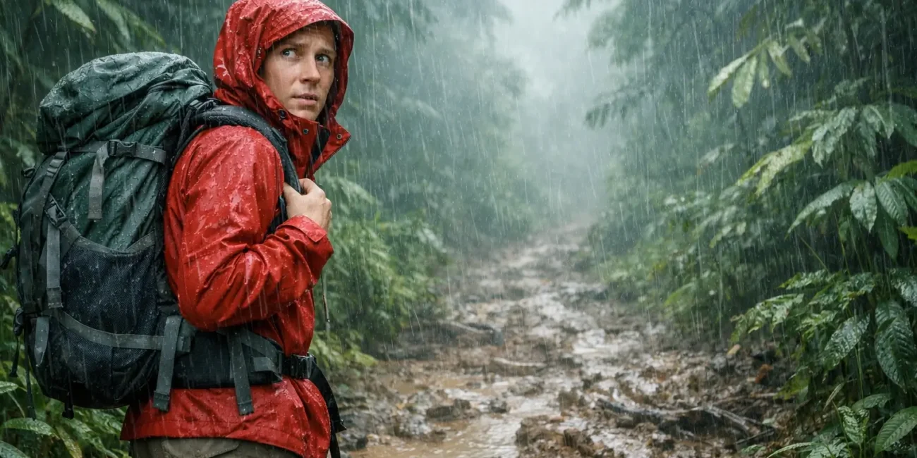 A soaked and tired hiker standing on the muddy Kokoda Track in Papua New Guinea, looking lost in the jungle rain.