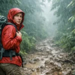 A soaked and tired hiker standing on the muddy Kokoda Track in Papua New Guinea, looking lost in the jungle rain.