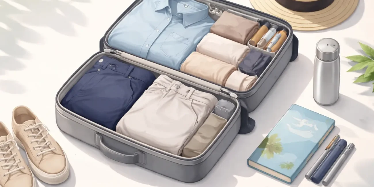 A person smiling while packing a carry-on backpack with rolled clothes and packing cubes.