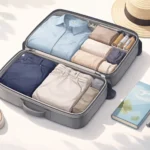 A person smiling while packing a carry-on backpack with rolled clothes and packing cubes.