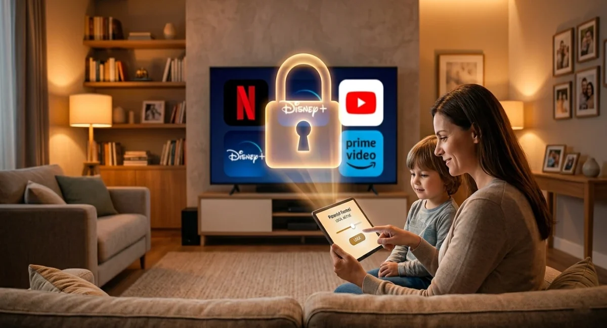 Parent setting up parental controls on streaming platforms including Netflix and Disney+ on a family TV