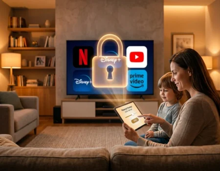 Parent setting up parental controls on streaming platforms including Netflix and Disney+ on a family TV