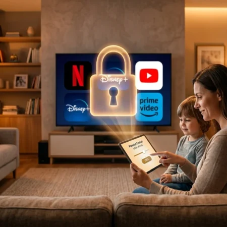 Parent setting up parental controls on streaming platforms including Netflix and Disney+ on a family TV