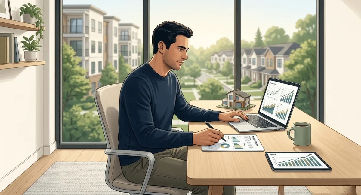 Passive Real Estate Income guide showing an investor reviewing REIT charts and property portfolio reports at a home office desk