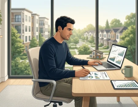 Passive Real Estate Income guide showing an investor reviewing REIT charts and property portfolio reports at a home office desk
