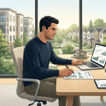 Passive Real Estate Income guide showing an investor reviewing REIT charts and property portfolio reports at a home office desk