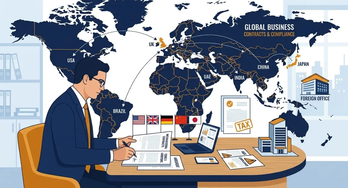 Businessman reviewing international contracts showing permanent establishment tax risks across countries