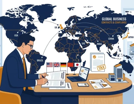 Businessman reviewing international contracts showing permanent establishment tax risks across countries