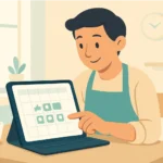 Local shop owner planning social media posts on a calendar inside a small business