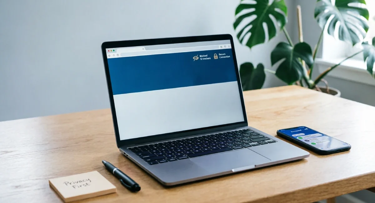 Laptop on wooden desk showing browser with tracker blocking enabled and secure connection status, smartphone displaying encrypted messaging app, sticky note reading 'Privacy First' beside pen