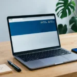 Laptop on wooden desk showing browser with tracker blocking enabled and secure connection status, smartphone displaying encrypted messaging app, sticky note reading 'Privacy First' beside pen