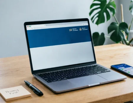 Laptop on wooden desk showing browser with tracker blocking enabled and secure connection status, smartphone displaying encrypted messaging app, sticky note reading 'Privacy First' beside pen
