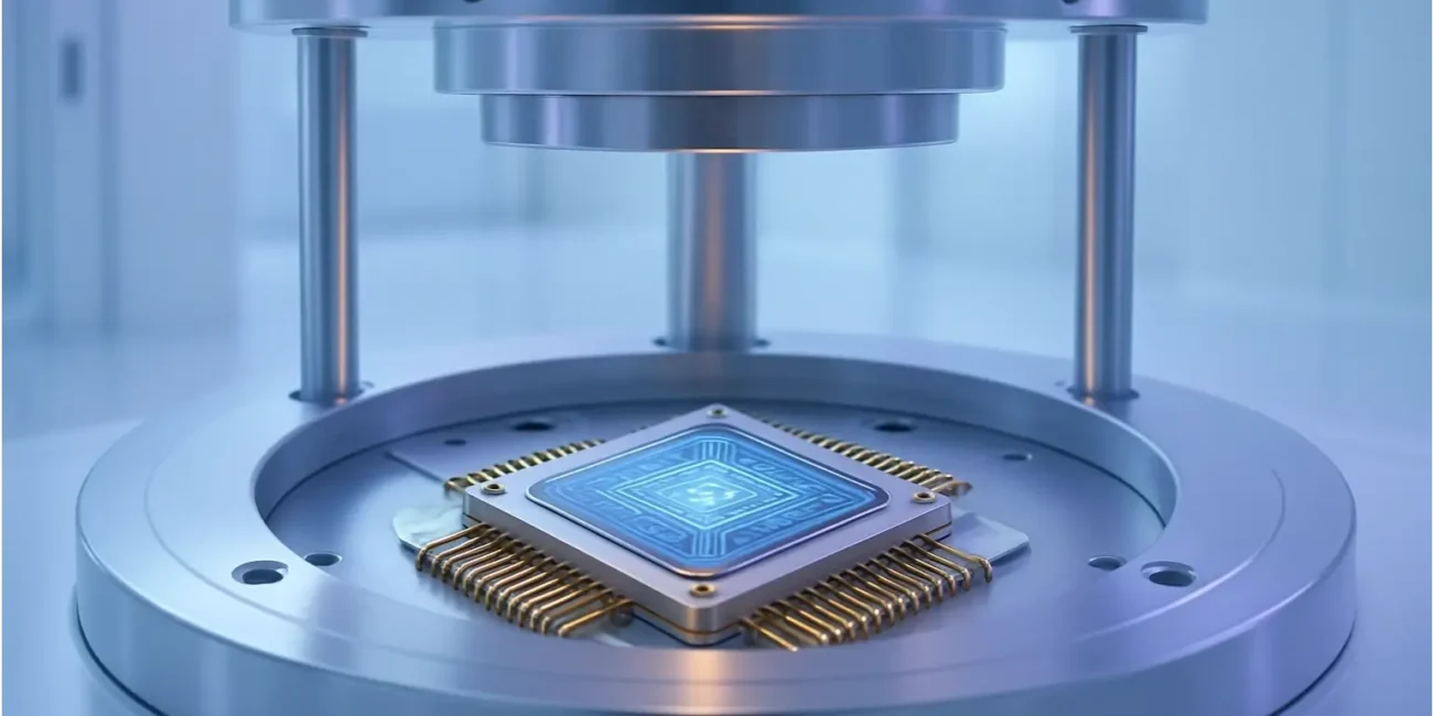 A close-up of a quantum computer chip inside a cooling unit, with glowing connections and a lab technician in the background.