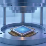 A close-up of a quantum computer chip inside a cooling unit, with glowing connections and a lab technician in the background.