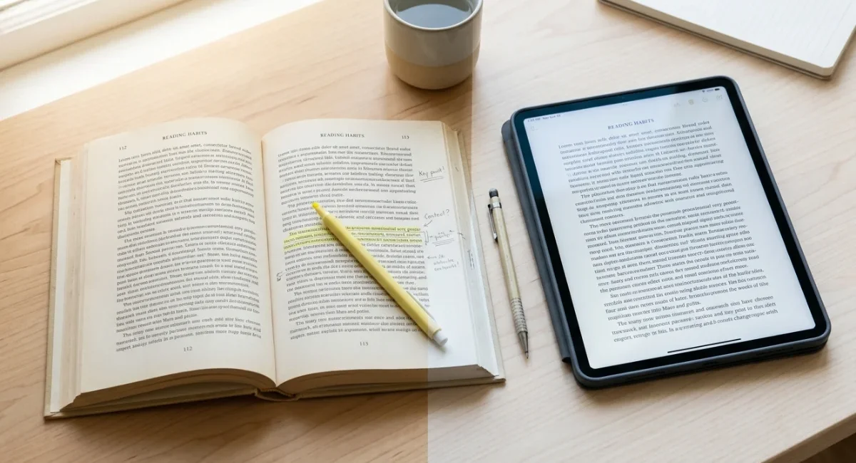Person reading on paper vs screen comparison — open book beside a tablet on a wooden desk
