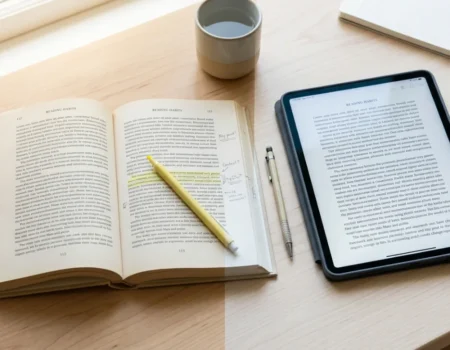 Person reading on paper vs screen comparison — open book beside a tablet on a wooden desk