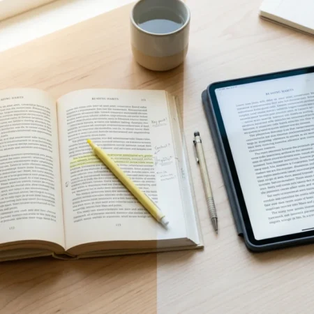 Person reading on paper vs screen comparison — open book beside a tablet on a wooden desk