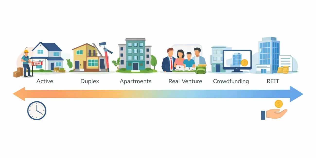 A pyramid chart showing three ways to earn real estate income: Active Direct Ownership, Middle Syndications, and Passive REITs.
