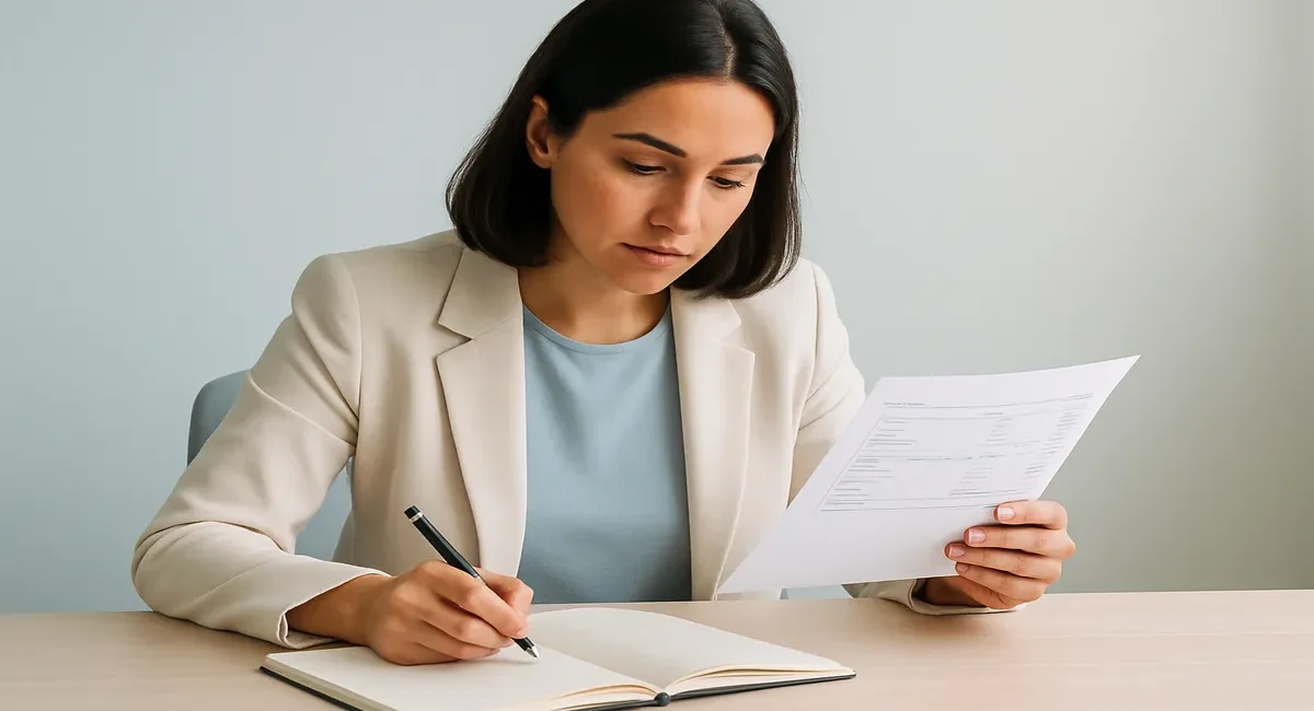 A woman looking at her pay stub and making notes on a notepad, looking thoughtful and determined.