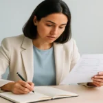 A woman looking at her pay stub and making notes on a notepad, looking thoughtful and determined.