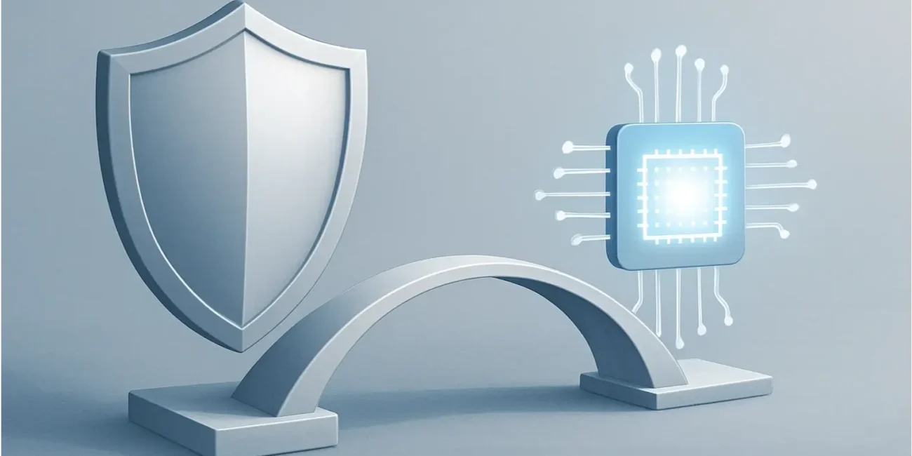 A balance scale shows a safety shield and a computer chip, symbolizing safe and smart use of AI in law.