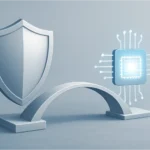 A balance scale shows a safety shield and a computer chip, symbolizing safe and smart use of AI in law.