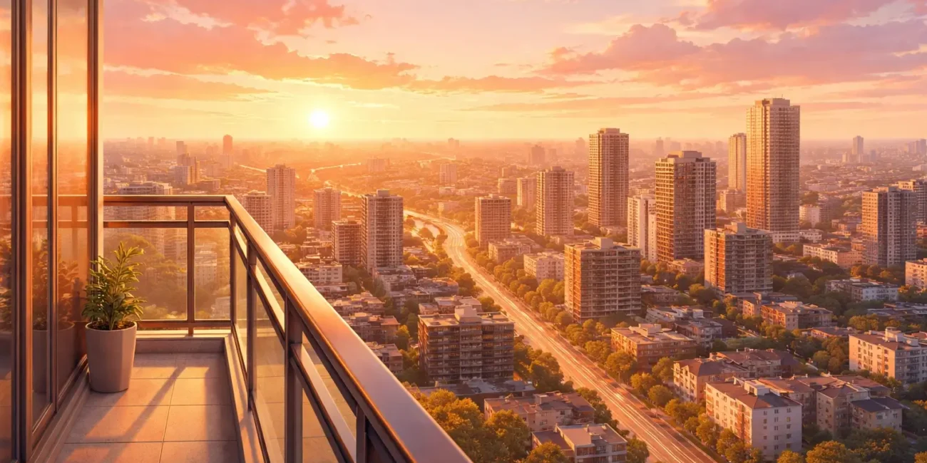 A person watches a beautiful sunset over their city skyline from a high observation deck.
