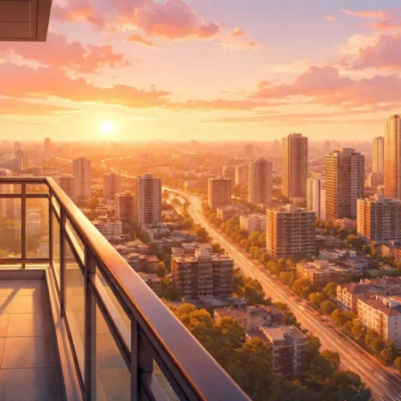 A person watches a beautiful sunset over their city skyline from a high observation deck.
